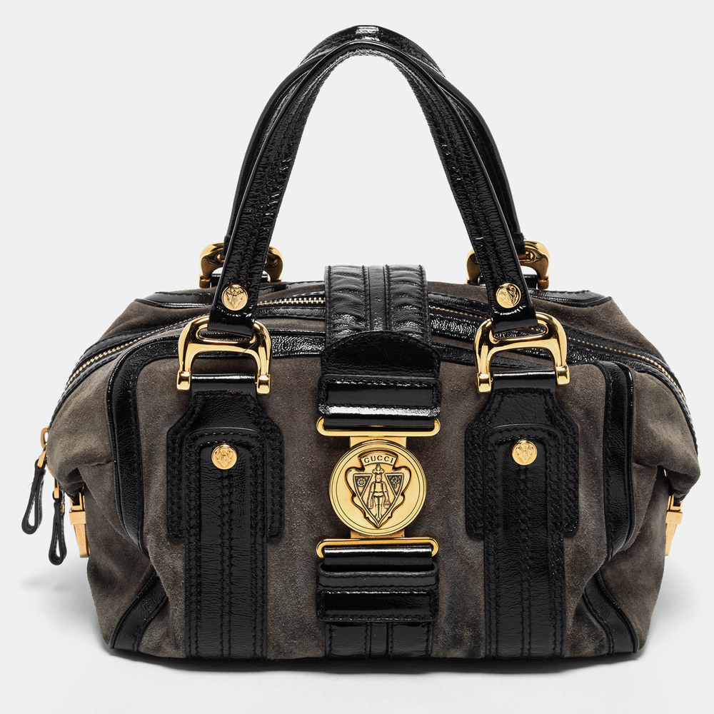 GUCCI Grey/Black Suede and Patent Leather Medium Aviatrix Boston Bag